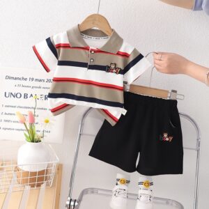 Kids Toddler Boys Summer Fashion Casual Cute Color Matching Cartoon Bear Striped Short Sleeve Shorts Set