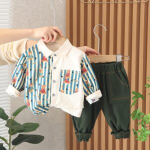 Kids Toddler Boys Spring Autumn Fashion Casual Cute Color Matching Cartoon Bear Shirt V Neck Trousers Set