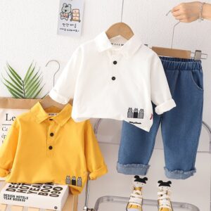 Kids Toddler Boys Autumn Winter Fashion Casual Solid Color Cartoon Cat Shirt V Neck Denim Pants Set