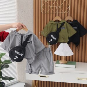 Kids Toddler Boys Fashion Casual Summer Solid Color Zipper Chest Bag Short Sleeve Shorts Set