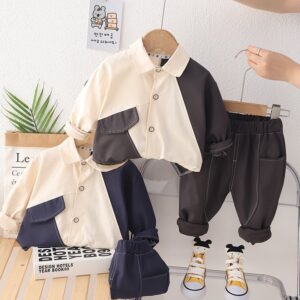 Kids Toddler Boys Autumn Winter Fashion Casual Color Matching Button Shirt V Neck Trousers Set