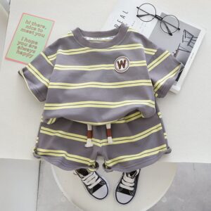 Kids Toddler Boys Summer Fashion Casual Striped Letters Color Contrast Round Neck Two-Piece Set