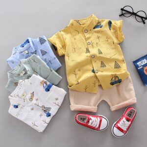 Kids Baby Boys Summer Fashion Casual Cotton Elephant Dinosaur Bear Airplane Car Cartoon Button Stand Collar Two-Piece Set