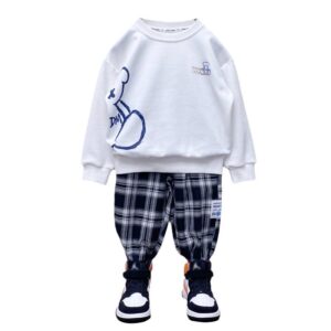 Children Kids Baby Teen Fashion Boys Casual Long Sleeve Bear Letter Print Sweatshirt And Plaid Pants 2pcs Set