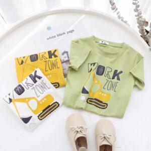 Children Kids Baby Fashion Boys Casual Basic Excavator Print Short Sleeve Round Neck T-Shirt