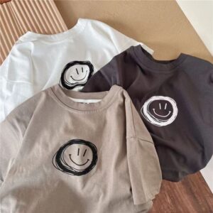 Children Kids Baby Fashion Boys Girls Casual Basic Smiley Face Print Short Sleeve Round Neck T-Shirt