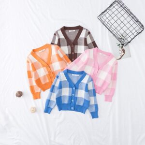 Children Kids Baby Fashion Girls Boys Casual Basic Long Sleeve Plaid Knitted Cardigan Coat