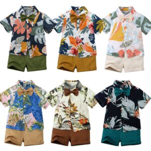 Children Kids Baby Fashion Boys Short Sleeve Flower Leaves Print Shirt And Shorts 2pcs Set
