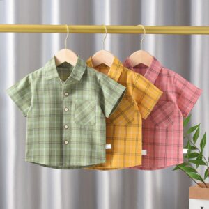 Children Kids Baby Fashion Boys Short Sleeve Plaid Print Casual Shirt