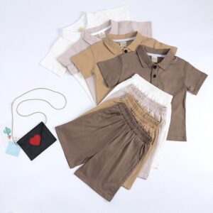 Children Kids Baby Fashion Boys Casual Basic Short Sleeve Solid Color Lapel T-Shirt And Shorts 2pcs Set