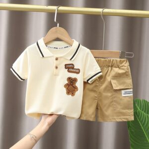 Kids Fashion Short-Sleeved Stripe Polo Shirt And Short Two-Piece Set