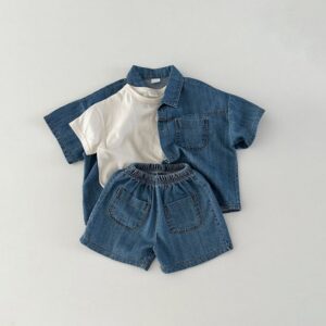 Kids Fashion Short-Sleeved Denim Shirt And Short Two-Piece Suit
