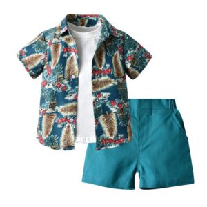 Children Kids Casual Vacation Cotton Lapel Floral Print Short-Sleeved Top And Shorts 3pcs Set