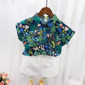 Children Kids Casual Vacation Lapel Floral Print Short-Sleeved Top And Shorts 2pcs Set