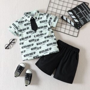 Children Kids Baby Fashion Boys Short Sleeve Lapel Letter Print Shirts And Shorts 2pcs Set
