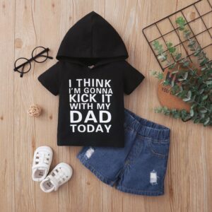 Kids Fashion Casual Letter Printing Hooded Short Sleeve Denim Shorts Set