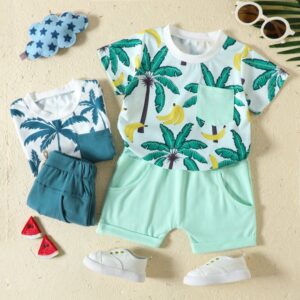 Kid Boy Summer Beach Style Coconut Palm Banana Printing T-Shirt Short Set