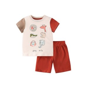 Children Kids Baby Fashion Boys Basic Casual Short Sleeve Cartoon Animals Print T-Shirt And Shorts 2pcs Set
