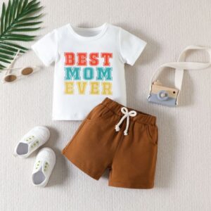 Children Kids Baby Fashion Boys Short Sleeve Letter Mom Print Casual T-Shirt And Shorts 2pcs Set