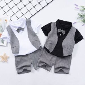 Children Kids Baby Fashion Boys Short Sleeve Bowknot Patchwork T-Shirt And Shorts 2pcs Set