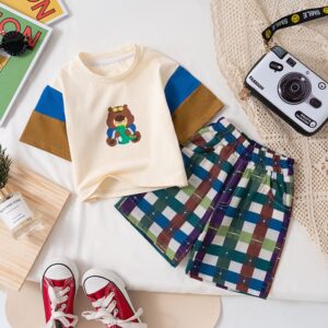 Children Kids Baby Fashion Boys Short Sleeve Cartoon Bear Print Polo T-Shirt And Plaid Shorts 2pcs Set