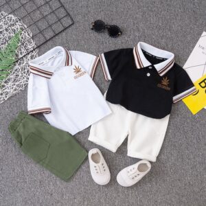 Children Kids Baby Fashion Boys Short Sleeve Embroidered Leaf Polo T-Shirt And Shorts 2pcs Set