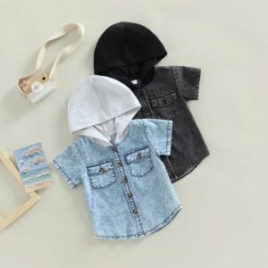 Children Kids Baby Fashion Boys Short Sleeve Hooded Denim Shirt