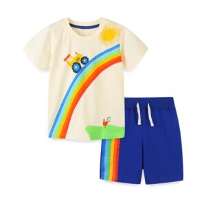 Children Kids Baby Fashion Boys Short Sleeve Cartoon Car Rainbow Print Top And Shorts 2pcs Set