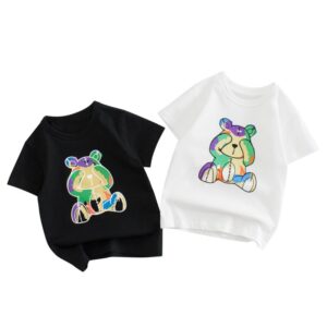 Children Kids Baby Fashion Boys Short Sleeve Cartoon Bear Print Basic Round Neck T-Shirt