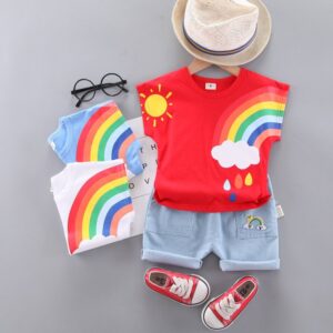Toddlers Newborn Baby Boys Short-Sleeved Rainbow T-Shirt And Shorts 2pcs Set