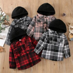 Children Kids Toddler Girls Boys Hooded Plaid Jacket