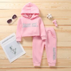Kids Baby Girl Fashion Letter Print Cropped Hooded Casual Sweater Pants Two-Piece Set