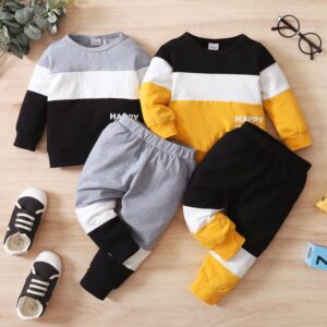 Kids Baby Boy Fashion Happy Every Day Gray / White And Black Stitching Round Neck Long Sleeve Two-Piece Set