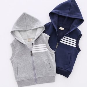 Boys Sporty Striped Sleeveless Zipper Hooded Vest