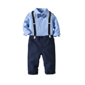 Boys Single-breasted Shirt And Suspender Trousers With Bow Tie Set