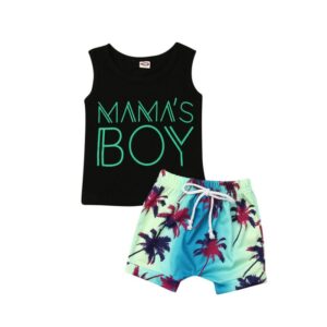 Kids Toddler Boy Fashion Black Tank Top Coconut Leaf Shorts Outfit