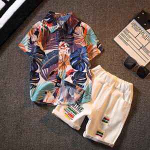 Toddler Kids Boy Fashion Maple Leaf Print Short Sleeve Shirt Shorts Set