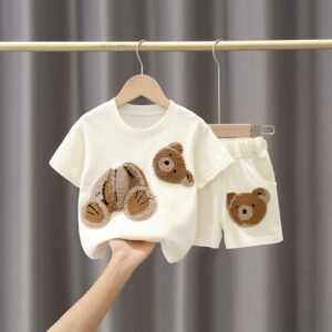 Kids Casual Cute Cartoon Bear Round Neck Short-sleeved T-Shirt And Elastic Shorts Two-piece Set