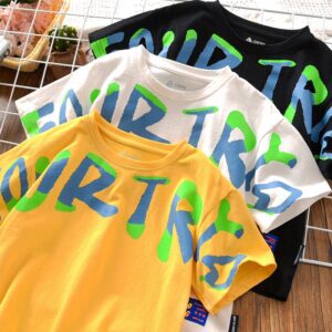 Kids Boys Casual Round Neck Short Sleeve Breathable Letter Print Loose T-Shirt