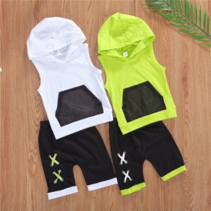 Baby Boys Casual Sleeveless Hooded Top And Bandage Design Elastic Shorts Set