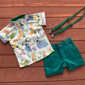 Baby Boys Casual Gentleman Lapel Single Breasted Cartoon Animal Short Sleeve Shirt And Shorts Set