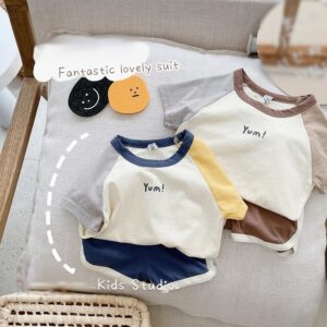 Baby Boys Casual Cartoon Airplane Letter Pattern Round Neck Short Sleeve Loose T-Shirt And Elastic Shorts Set