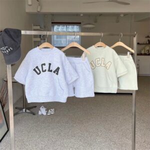 Kids Casual Round Neck Short Sleeve Letter Pattern Loose Top And Elastic Shorts Set