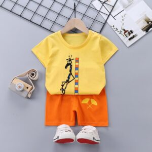 Kids Casual Round Neck Short Sleeve Cute Cartoon Pattern Loose T-Shirt And Elastic Shorts Set
