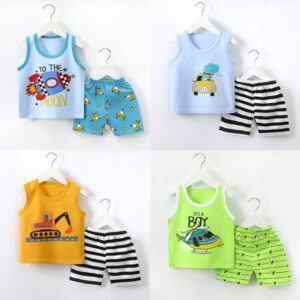 Kids Boys Casual Cute Cartoon Pattern Sleeveless Round Neck Vest And Elastic Shorts Set