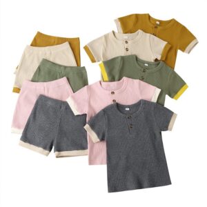 Kids Basic Color Blocking Ribbed Round Neck Short Sleeve T-Shirt And Elastic Shorts