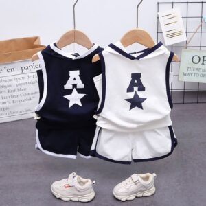 Kids Boys Sporty Sleeveless Letter Pattern Hoodie T-Shirt And Casual Elastic Shorts Set