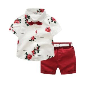 Kids Boys Basic Lapel Short Sleeve Single-breasted Flower Shirt And Elastic Shorts Set