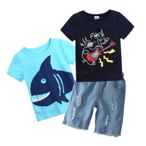 Kids Boys Casual Round Neck Short Sleeve Cartoon Shark Guitar T-Shirt And Denim Shorts Three-piece Set