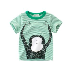 Boys Casual Cartoon Animal Monkey Round Neck Short Sleeve Striped T-Shirt